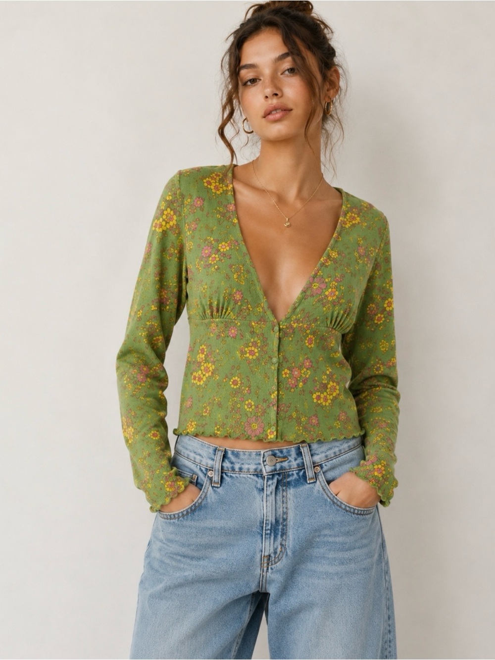 Urban Outfitters Ruby Floral Lettuce Edge Button Plunging Crop Top Green XL💚